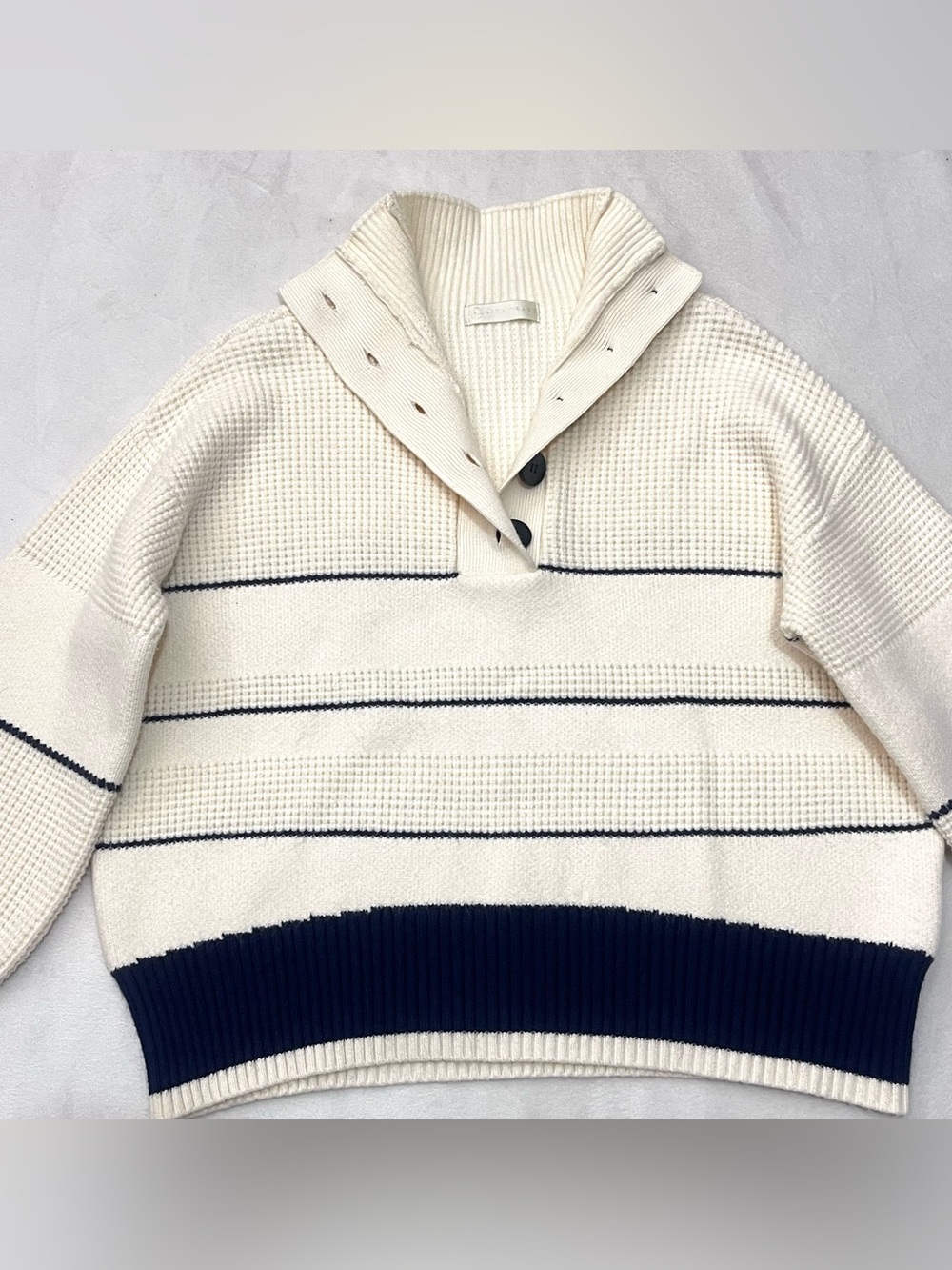 Vita Grace Cream and Navy Soft Thick Button Up Neck Waffle Sweater Women's Top - Picture 12 of 16